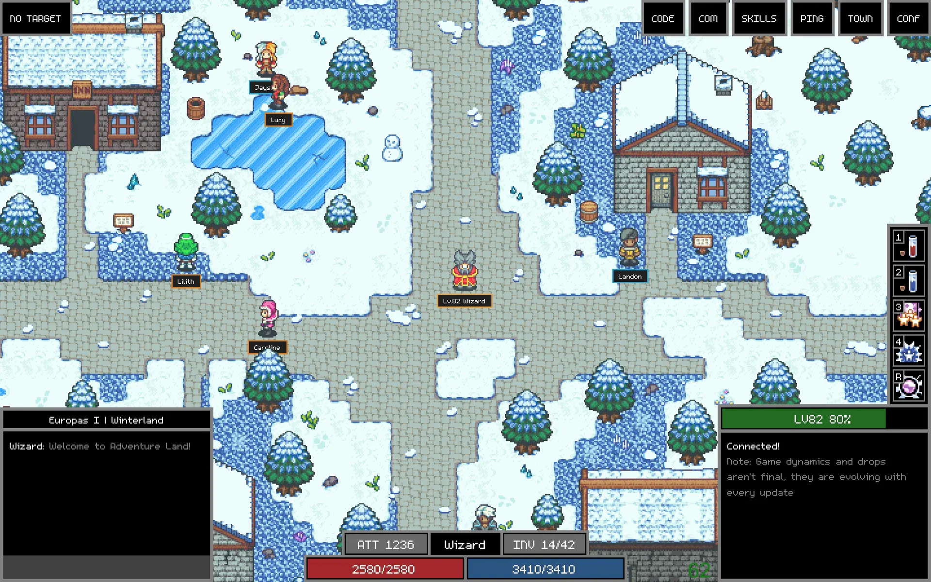 Adventure Land wizard exploring a snowy pixel-art town with coding controls visible