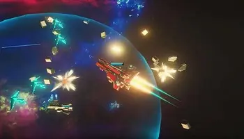 Beyond the Void spacecraft exchanging fire around a glowing planet during a space battle