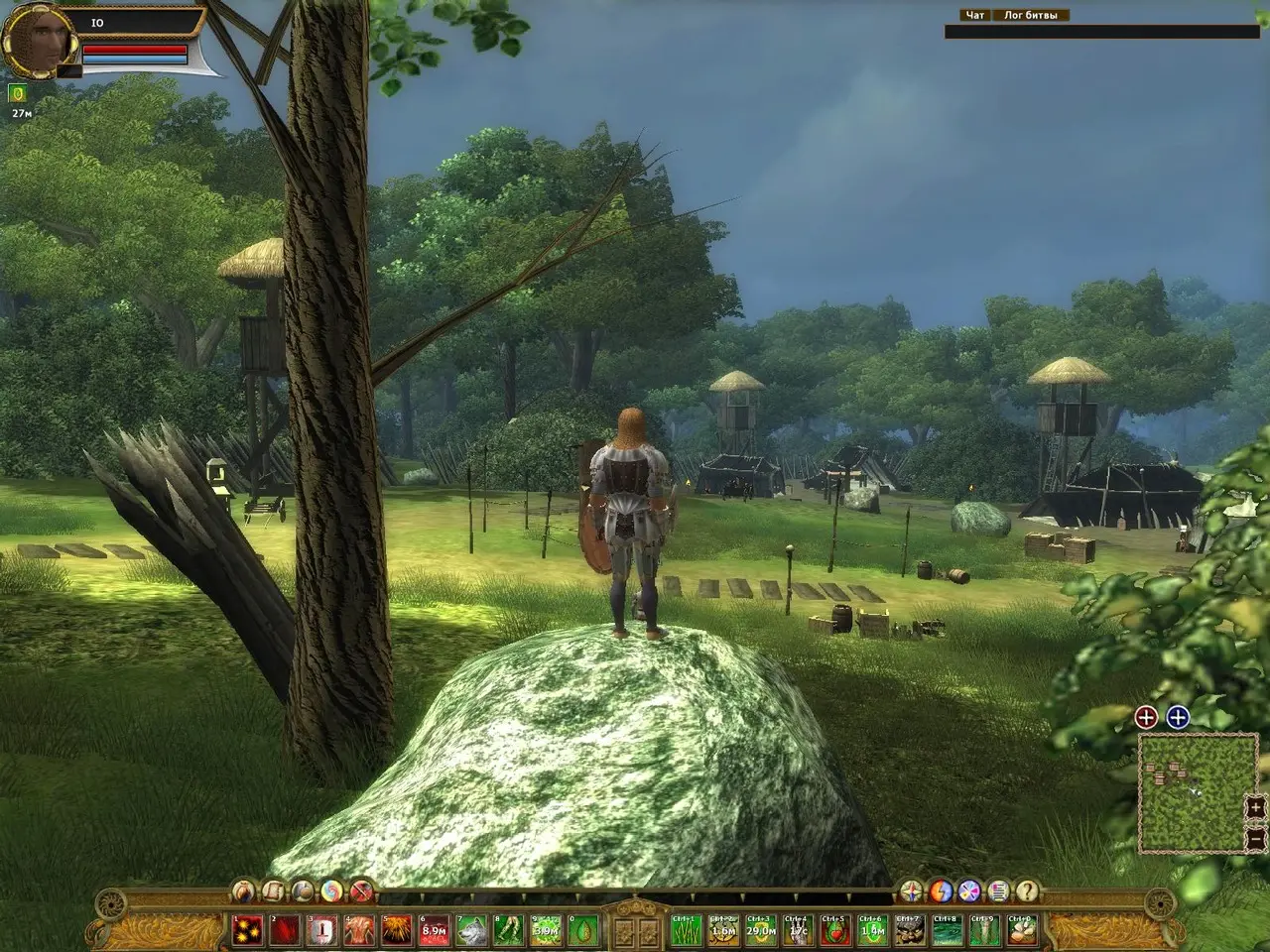 Craft of Gods adventurer overlooking a forest settlement from a mossy boulder