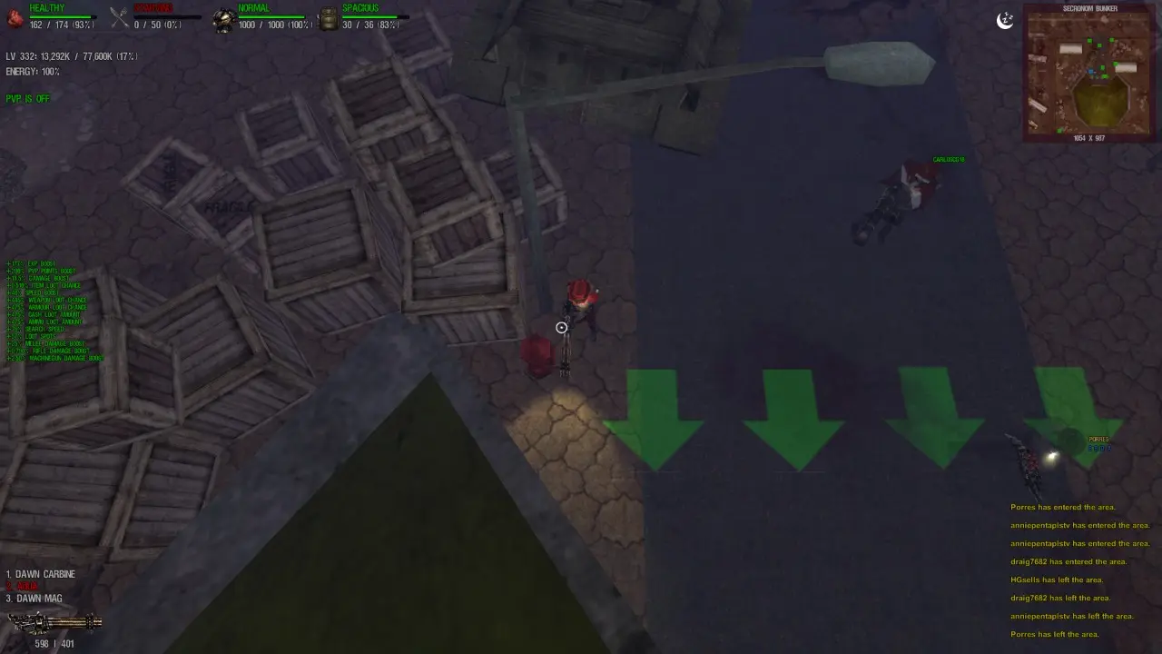Dead Frontier survivor navigating a dark bunker route with inventory and map UI