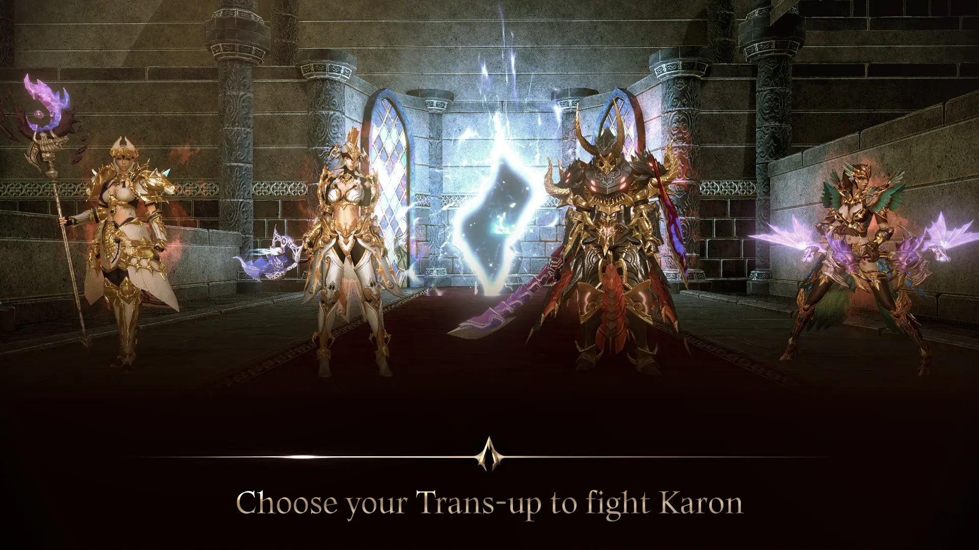 Dekaron G character transformation selection inside a stone dungeon with armored fighters