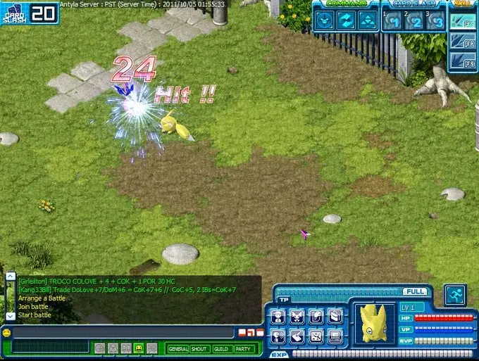 Digimon Battle Online creature attacking an opponent in a grassy arena with battle controls visible