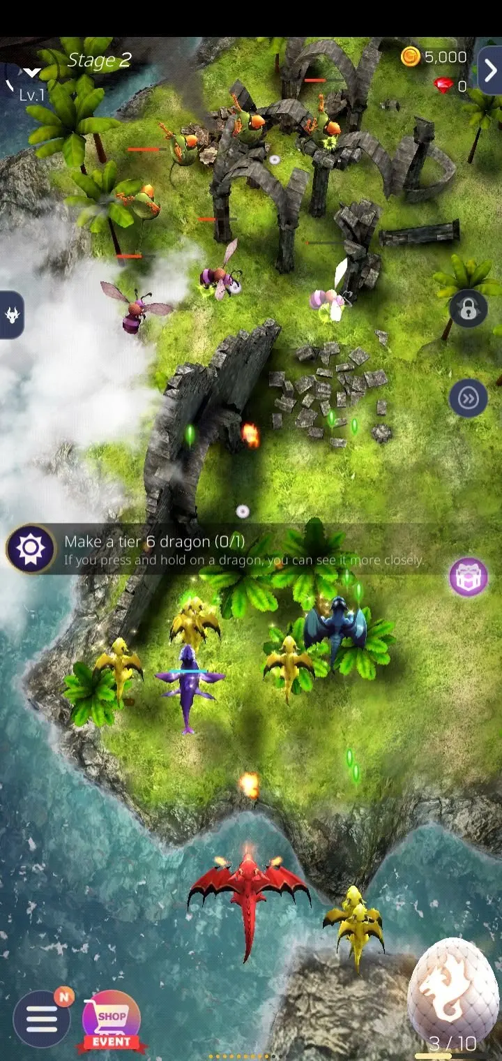 Dragon Sky dragon squad flying through a tropical battlefield during Stage 7