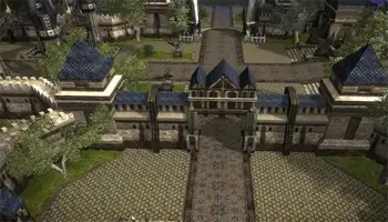 Eclipse War player characters standing in a stone courtyard outside a fantasy fortress