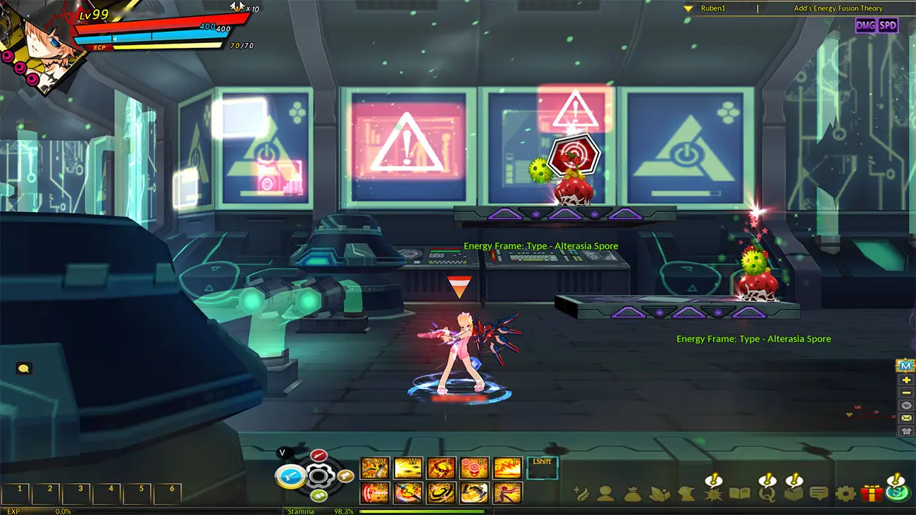 Elsword Online character targeting enemies inside a neon-lit dungeon