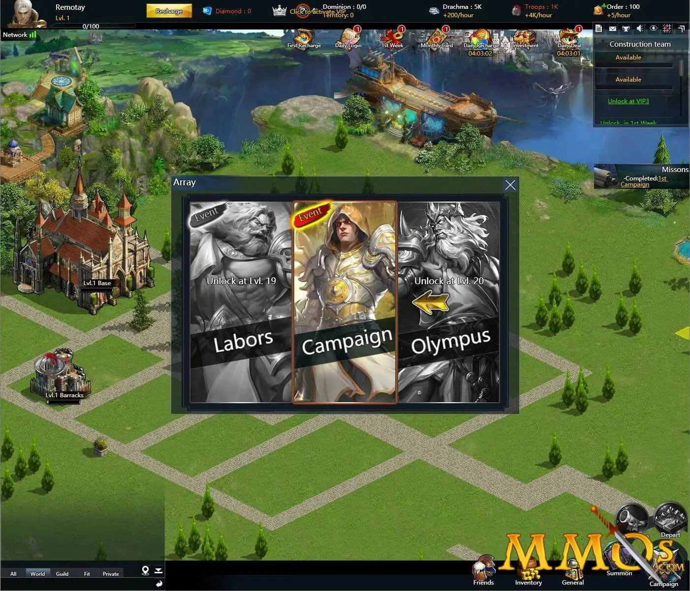 Elysian War campaign selection screen above a fantasy city with Labors, Campaign, and Olympus modes