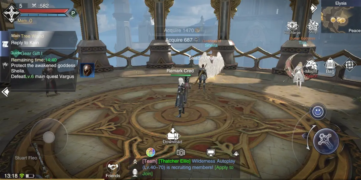 Forsaken World Gods and Demons character exploring an ornate temple platform with mobile combat controls visible