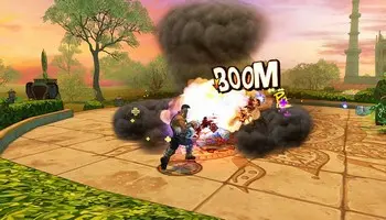 Global Adventures character striking enemies in an outdoor arena during an explosive attack