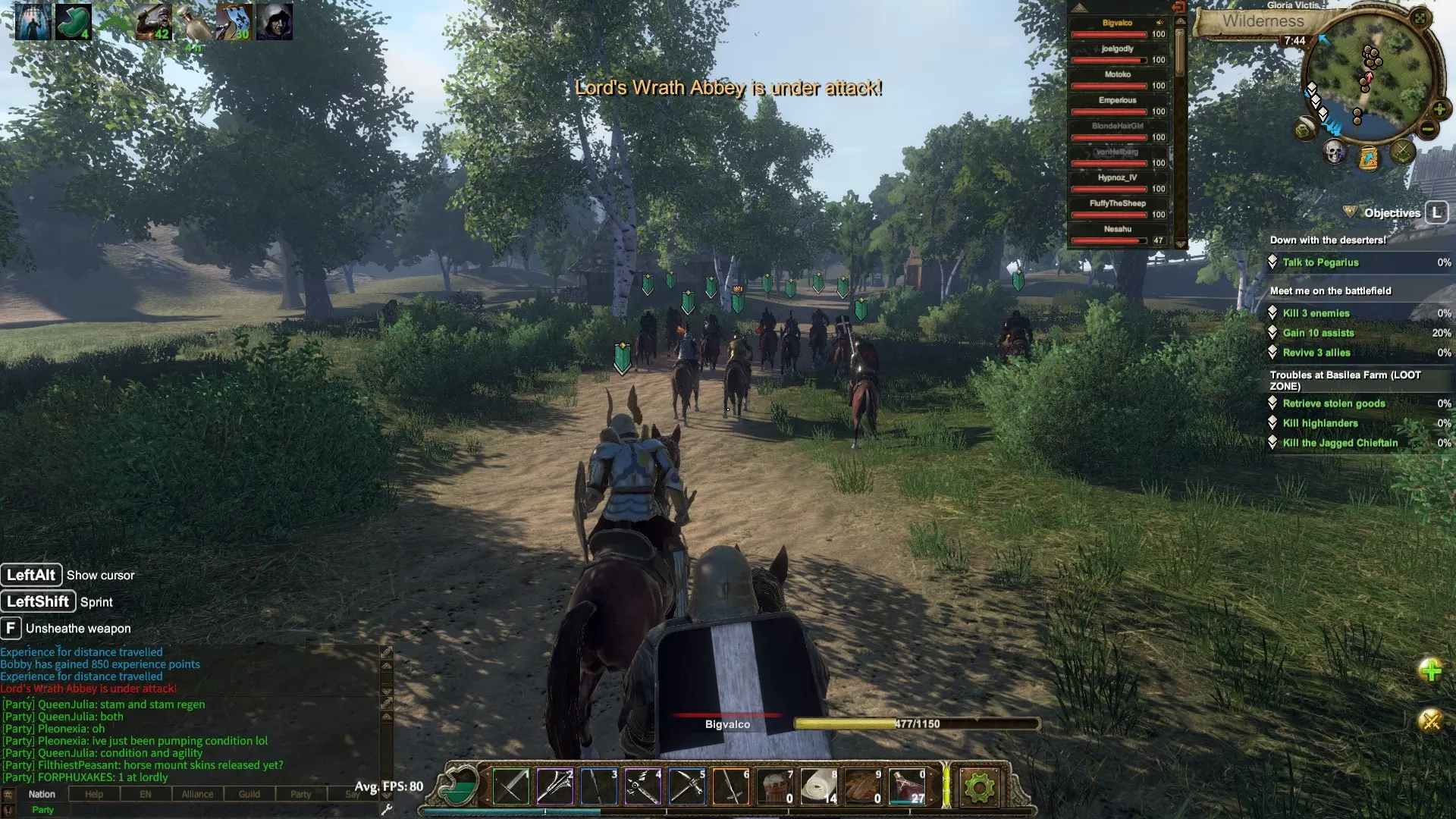 Gloria Victis mounted player riding toward a medieval battlefield