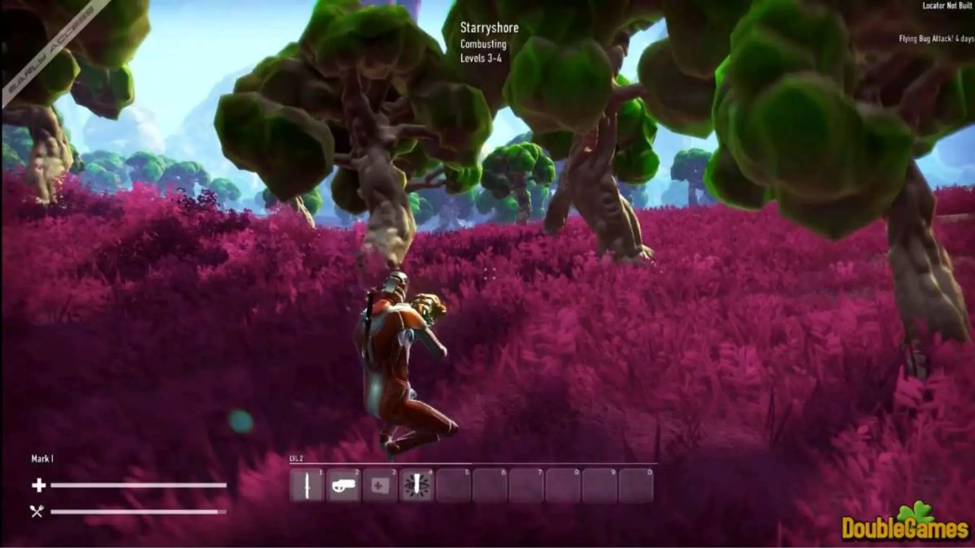 GRAV player exploring an alien forest with giant creatures