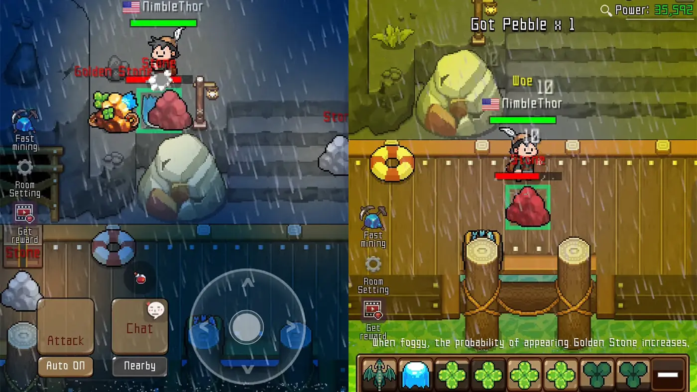 GrowStone Online pixel MMORPG mining and combat scenes with mobile controls and status panels visible