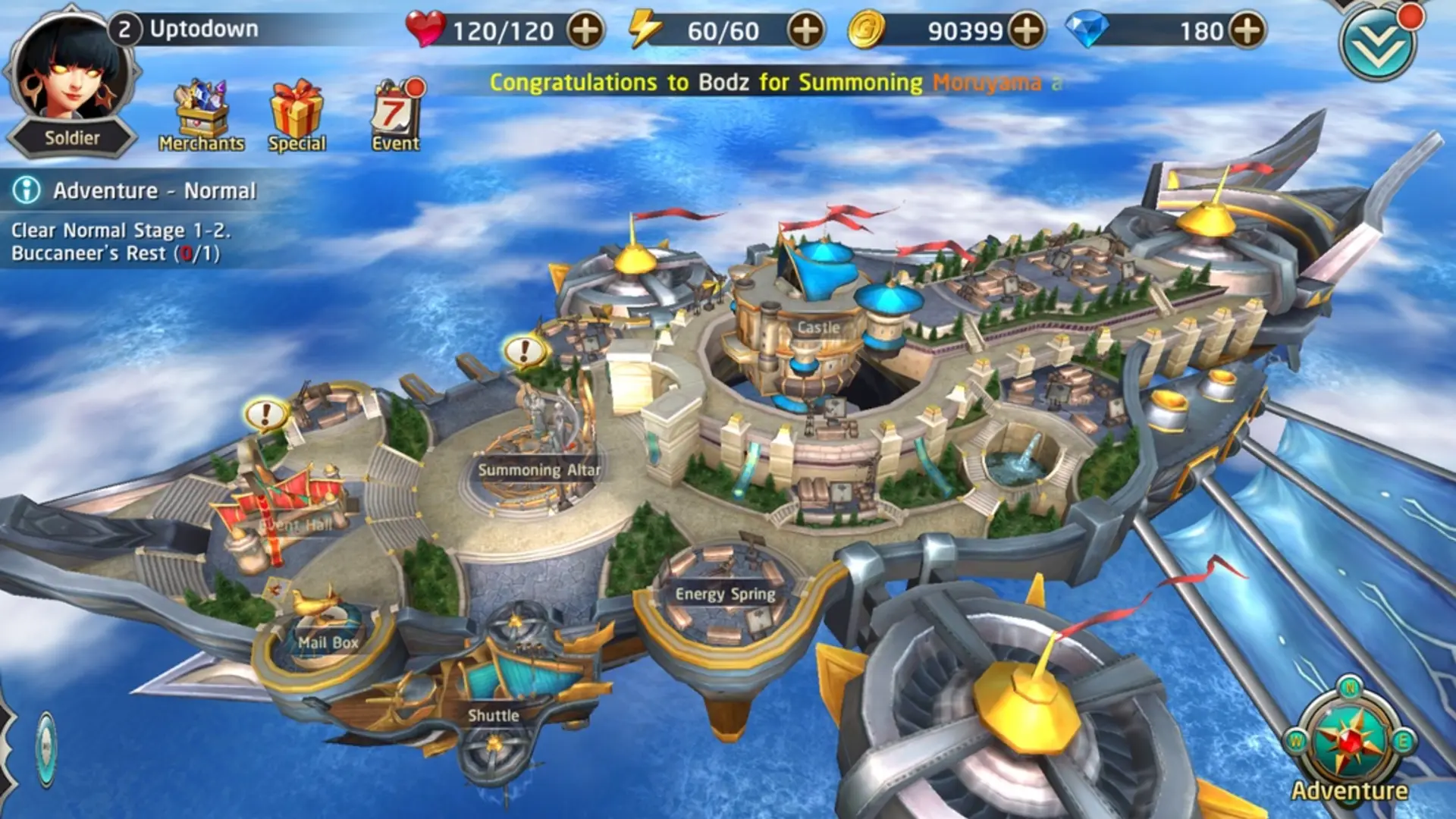 Heroes of Skyrealm floating fortress hub and adventure interface