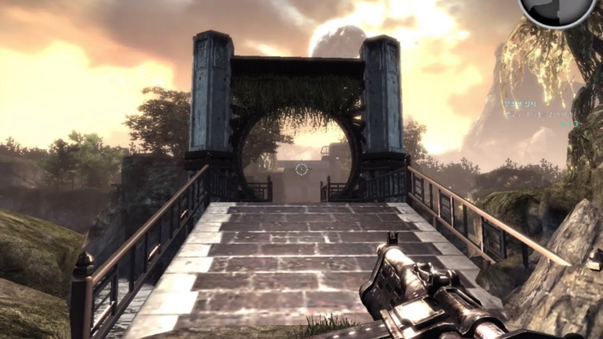 Huxley MMOFPS first-person combat at a stone bridge