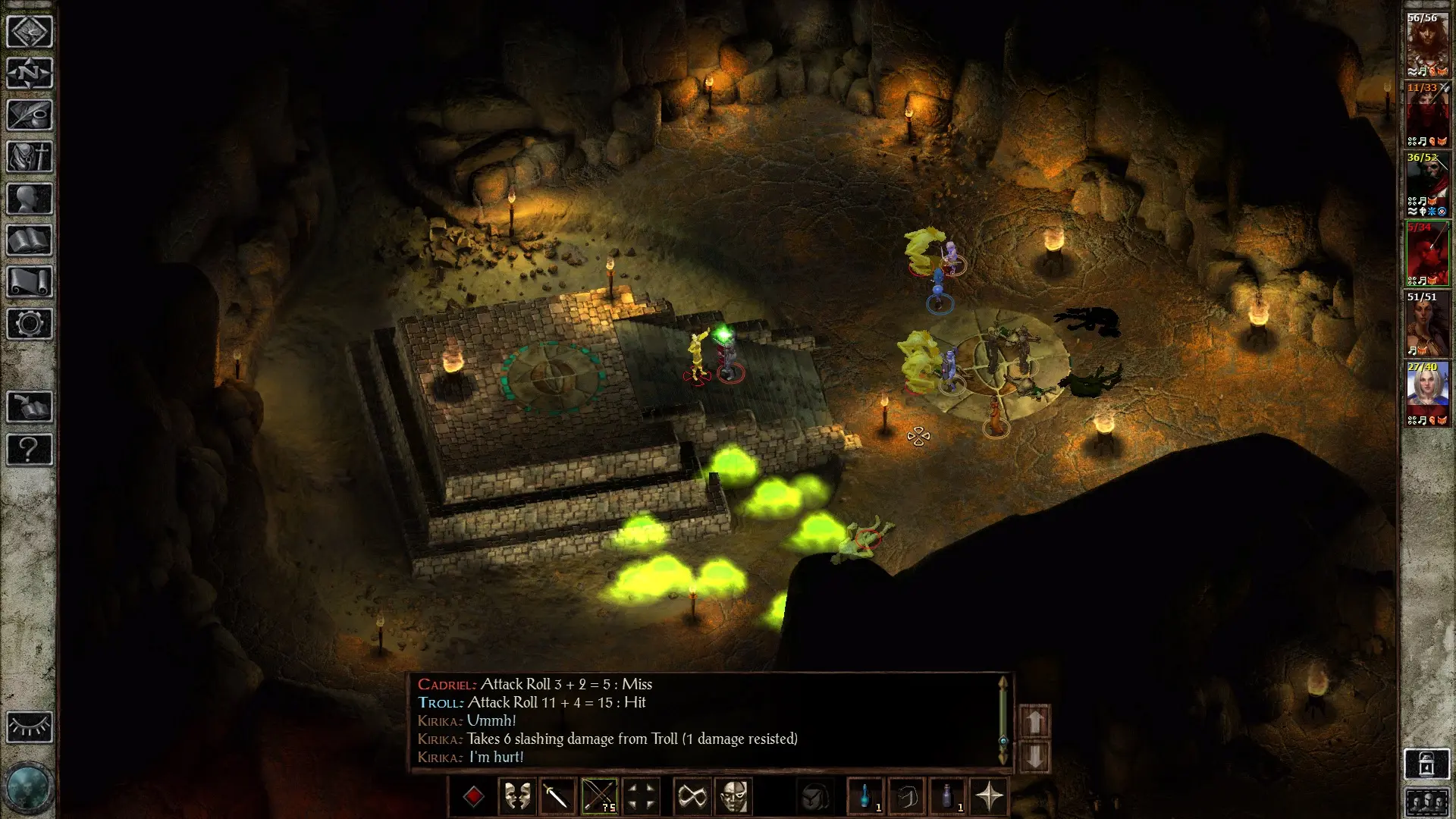 Icewind Dale Enhanced Edition adventuring party battling a troll in a torchlit dungeon