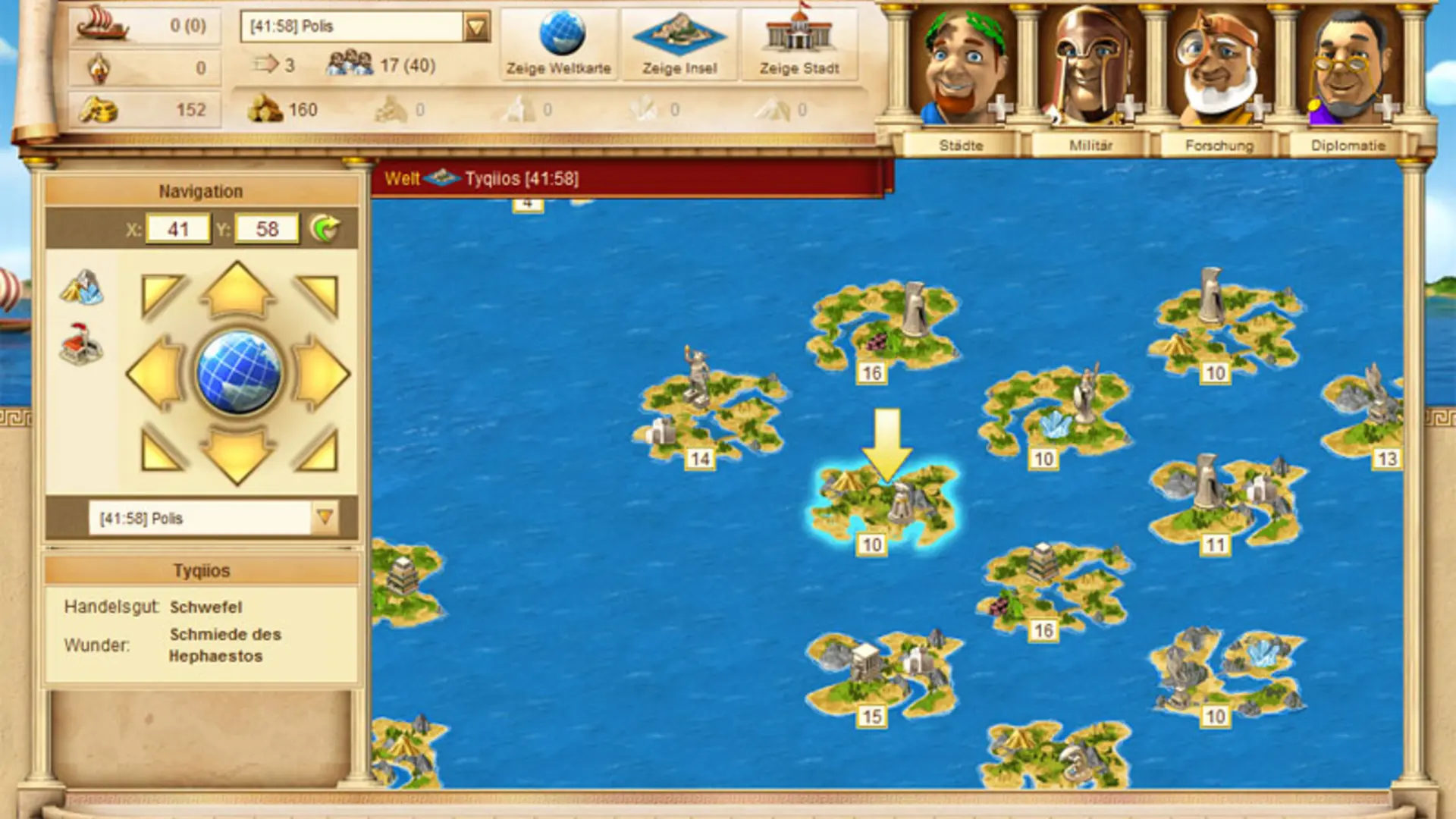 Ikariam island world map with cities and navigation controls
