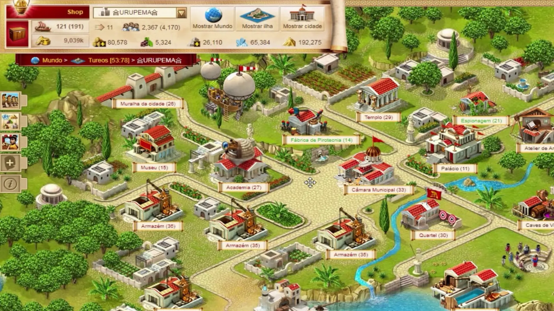Ikariam city management view with buildings and resource interface