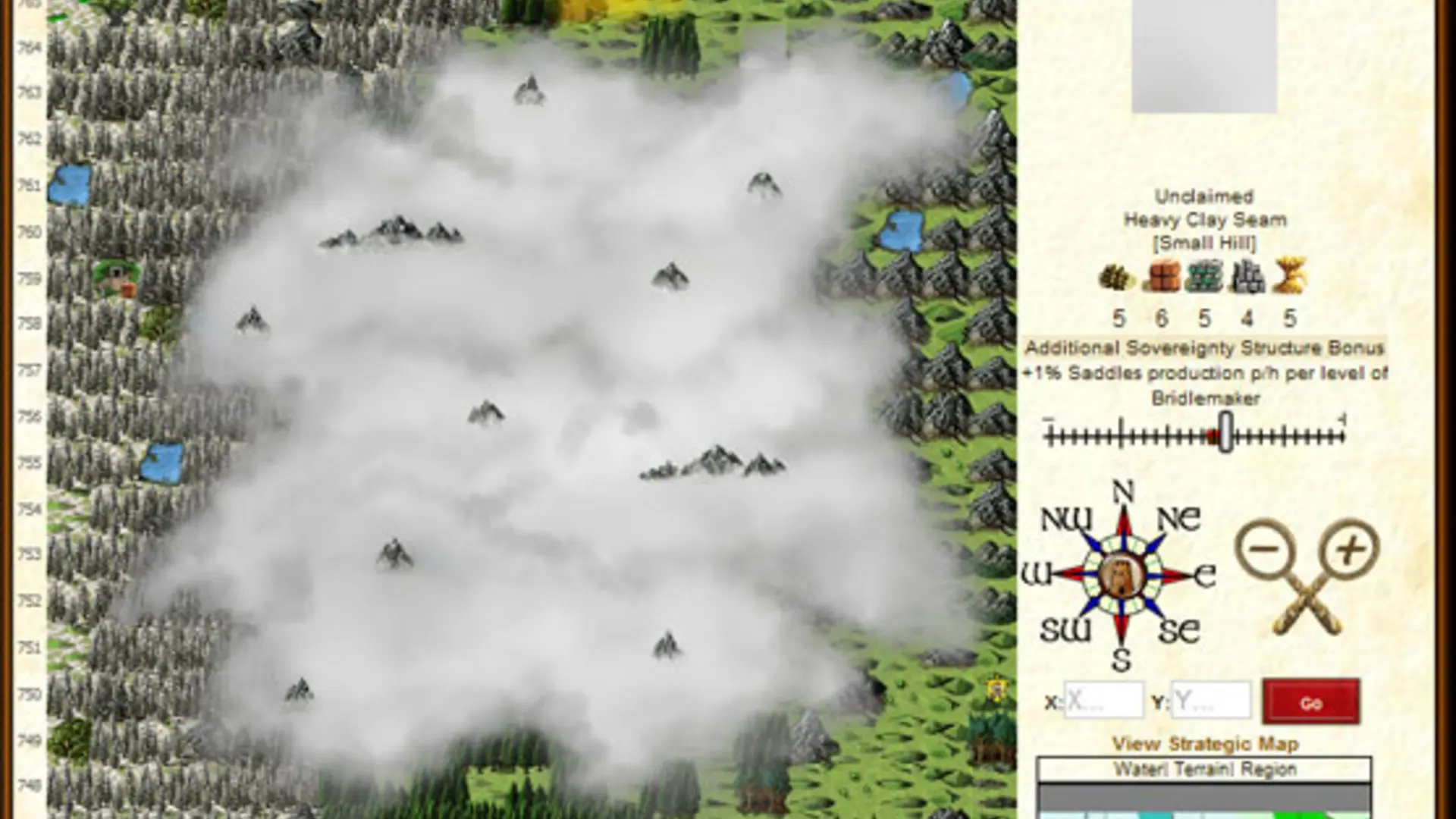 Illyriad world map covered in fog with strategy panels and chat
