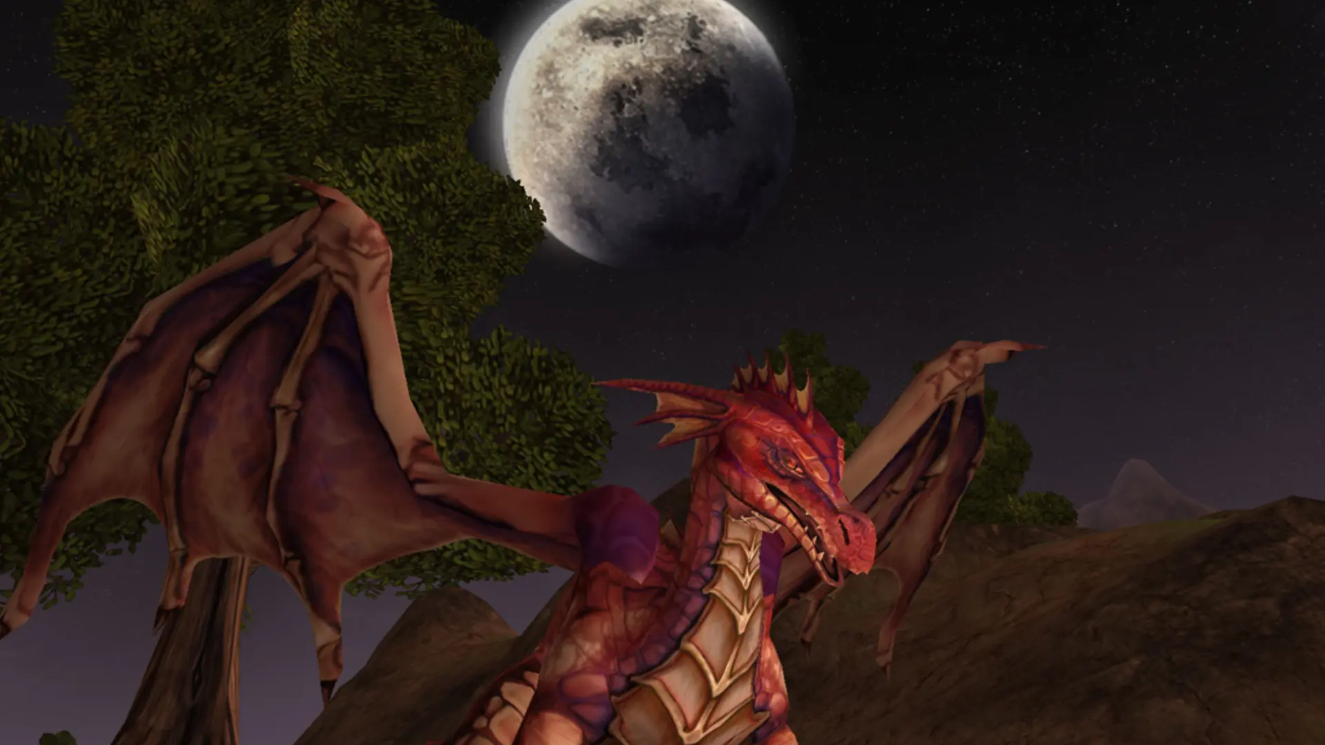 Istaria crimson dragon perched on rocks beneath a full moon