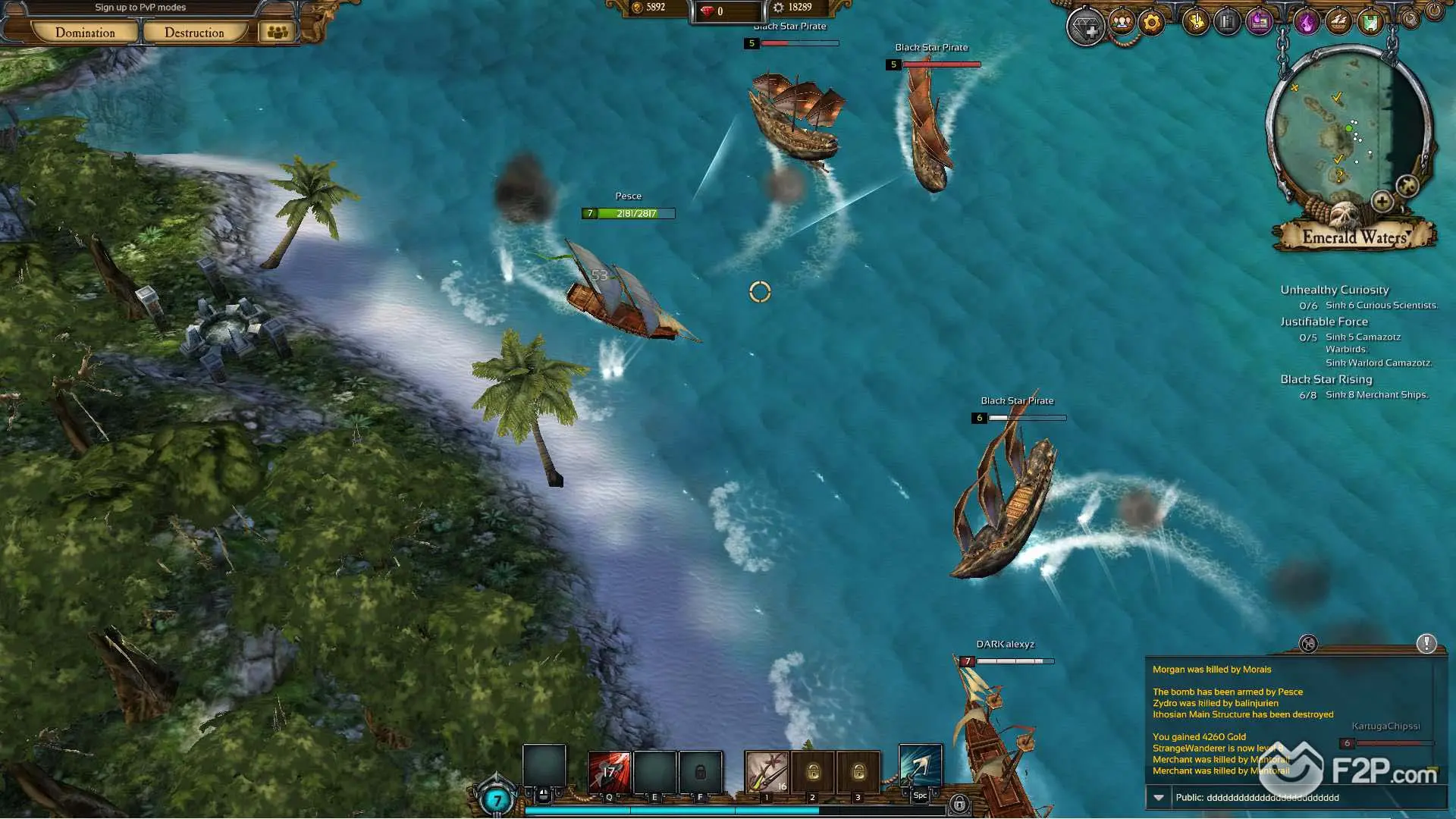 Kartuga player ship battling pirates in turquoise waters