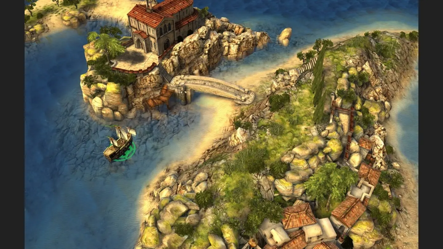 Kartuga sailing ship approaching a fortified tropical island during a naval match