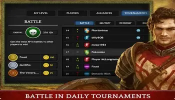 Kings of the Realm daily tournament battle screen showing alliances and player standings
