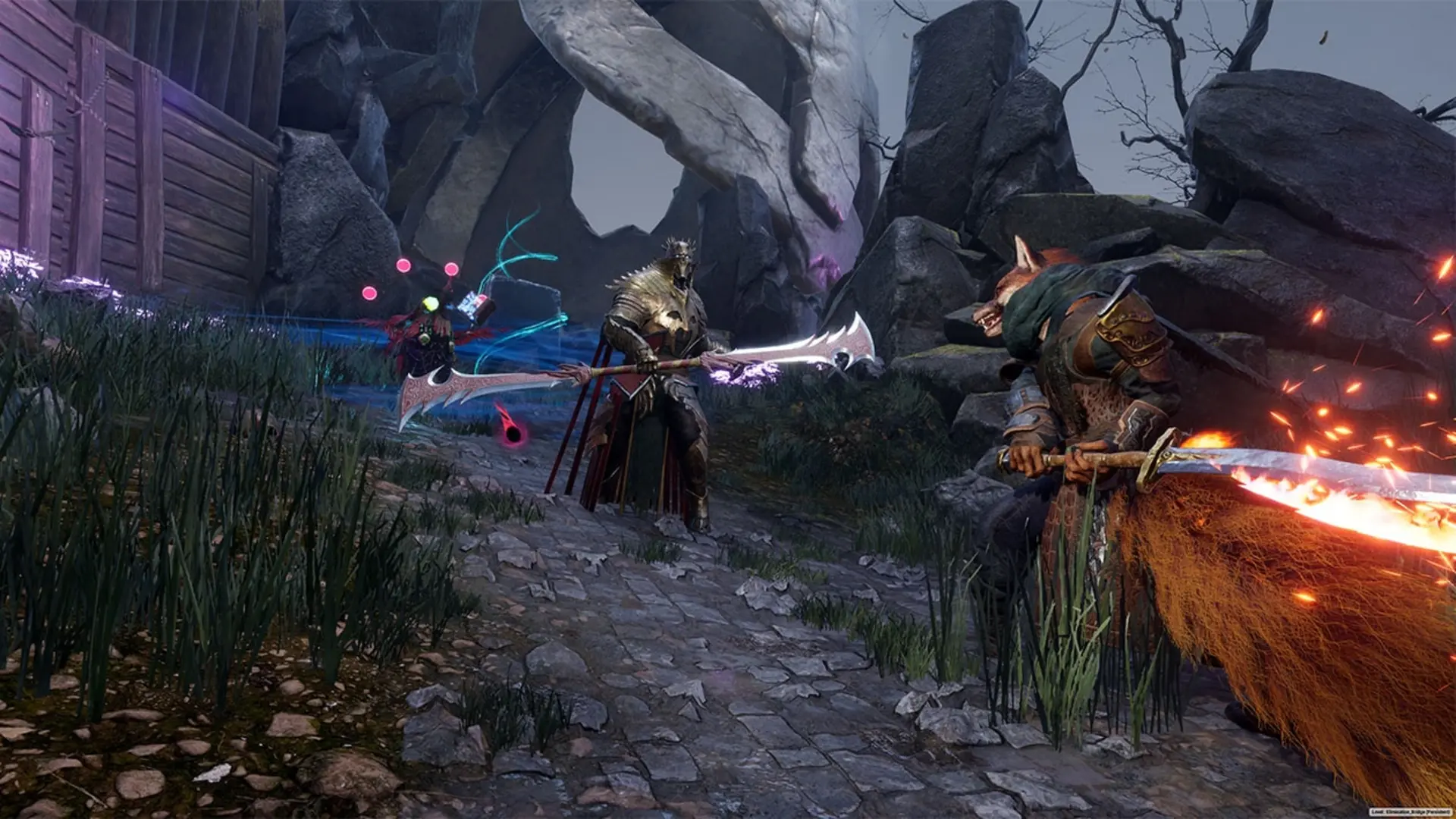 Kingshunt armored warriors dueling with fire and arcane energy