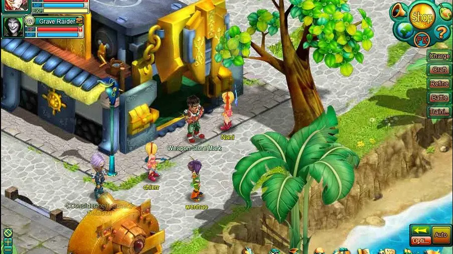 Magic Campus player visiting a colorful town weapon shop with game controls visible
