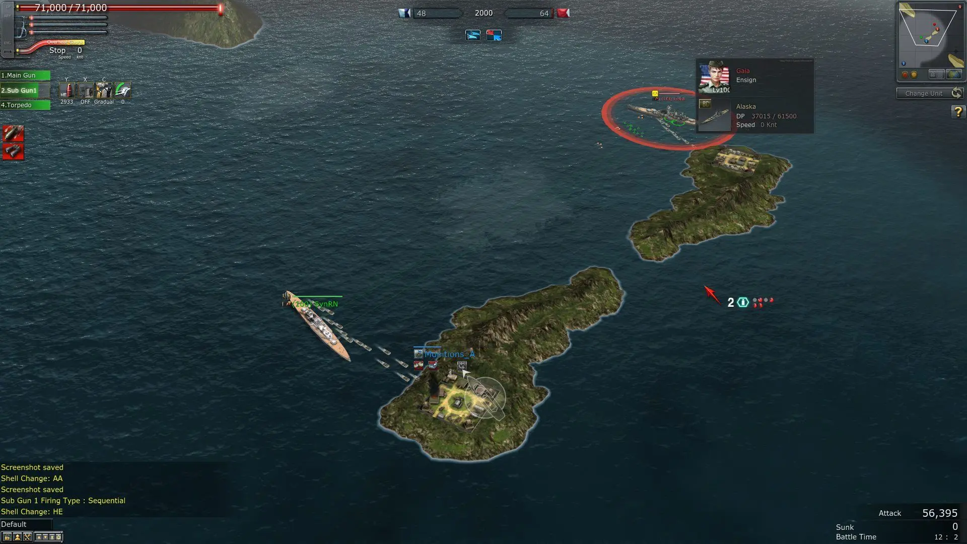 Navy Field 2 warships maneuvering around island channels during a naval battle