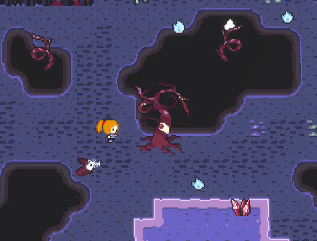 Noia Online adventurer exploring a pixel-art wilderness with creatures, health bars, and hotbar visible