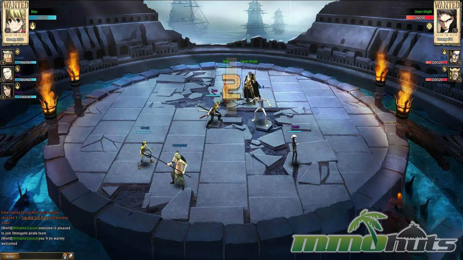 One Piece Online party fighting enemies in a stone arena with character portraits and battle interface visible