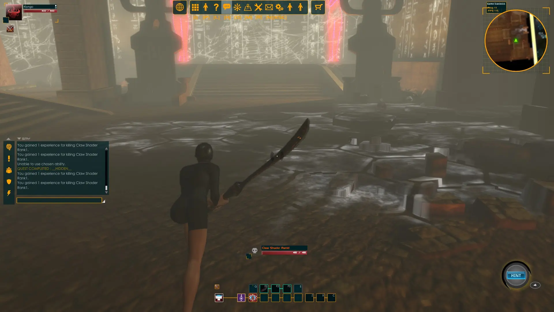 Otherland player exploring a foggy industrial dungeon with combat UI visible