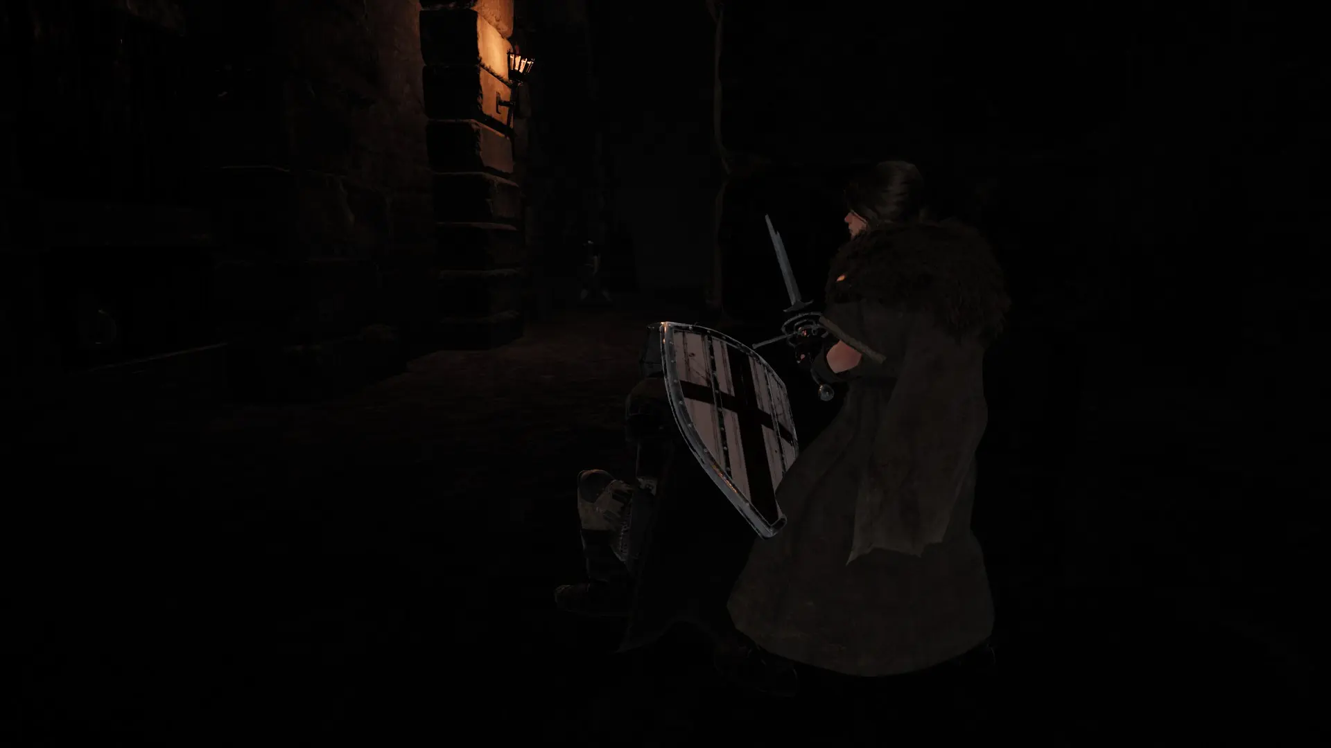 Past Fate adventurer carrying a shield while exploring a dark stone corridor