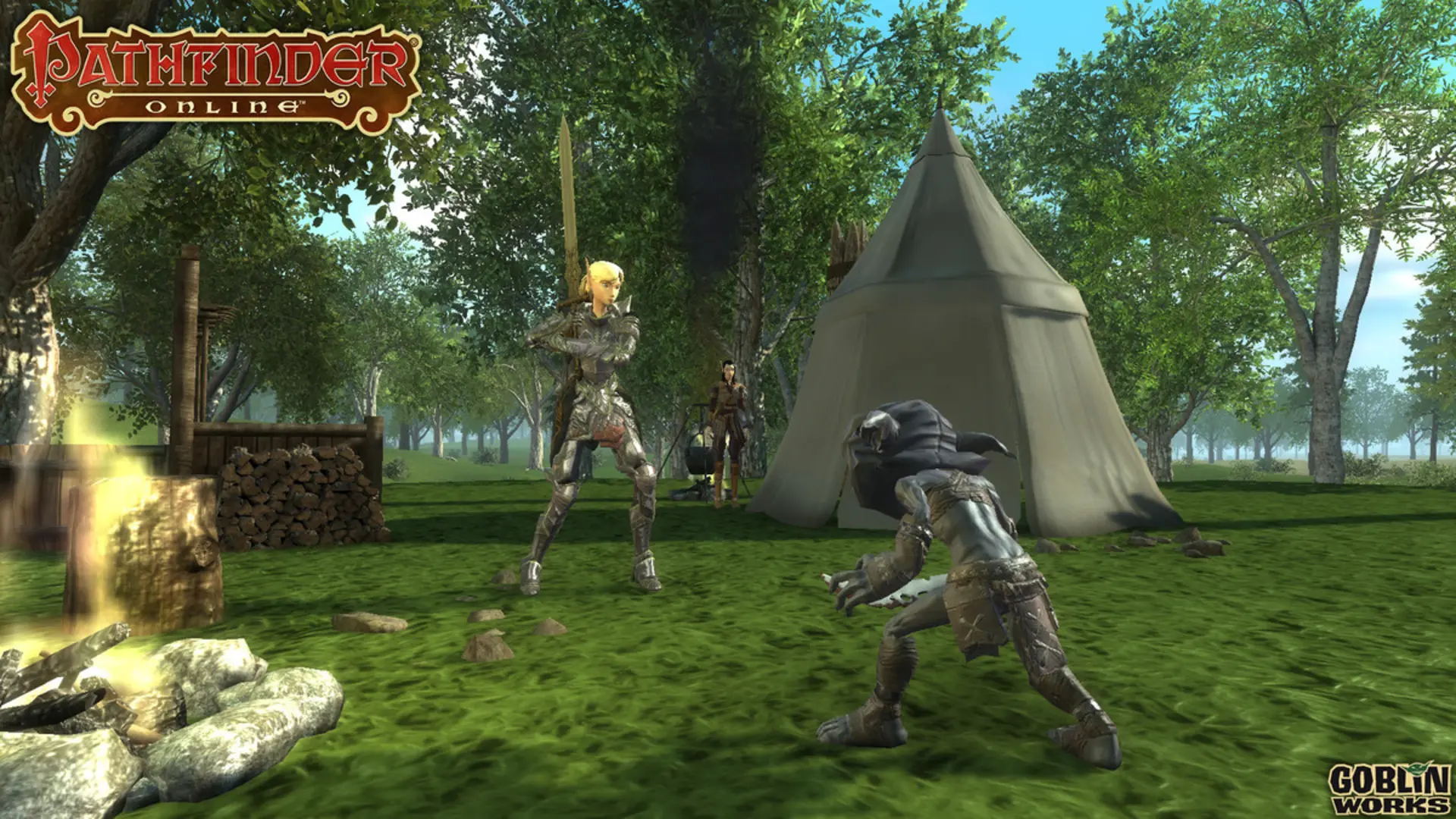 Pathfinder Online armored warrior facing a goblin beside a forest camp