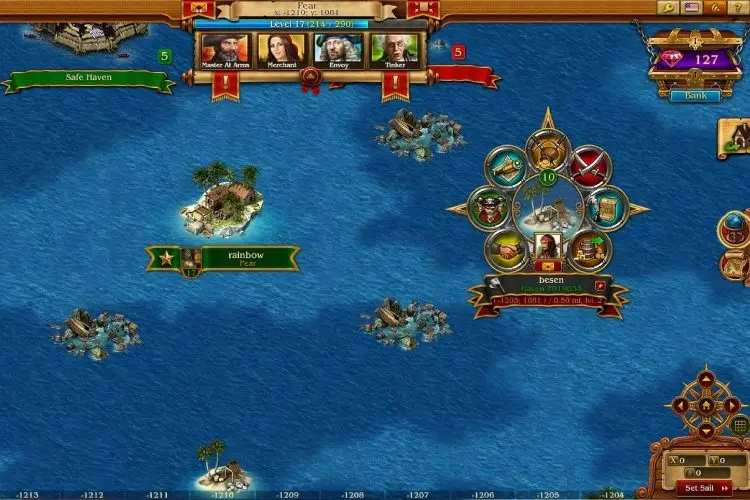 Pirates Tides of Fortune player navigating an ocean map between rival islands