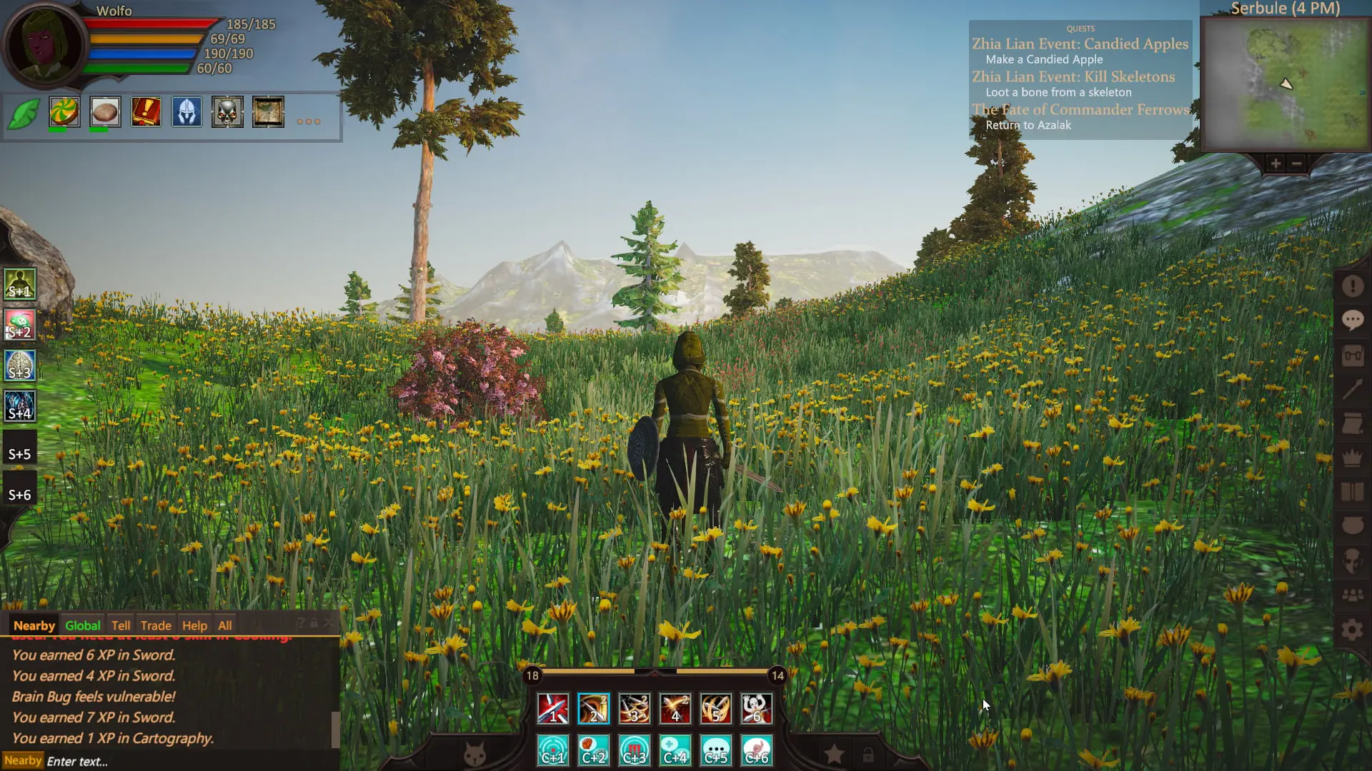 Project Gorgon adventurer exploring a yellow wildflower meadow in Serbule