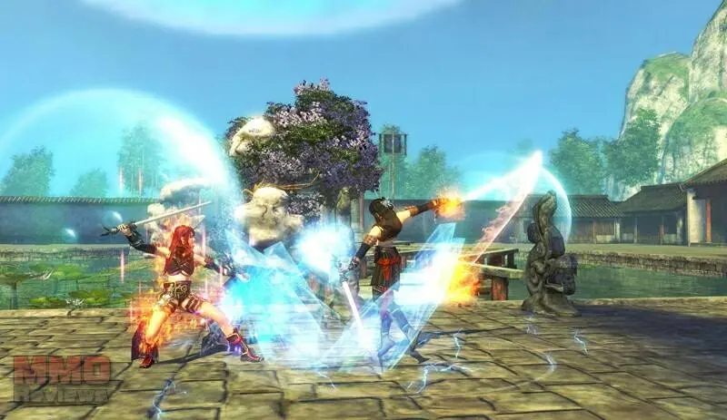 Scarlet Legacy warriors unleashing ice and fire abilities during a town battle