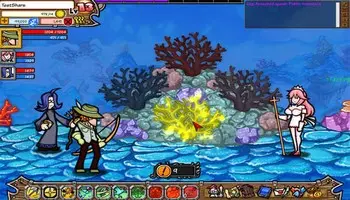 SideQuest party battling sea creatures in an underwater area with status panels visible