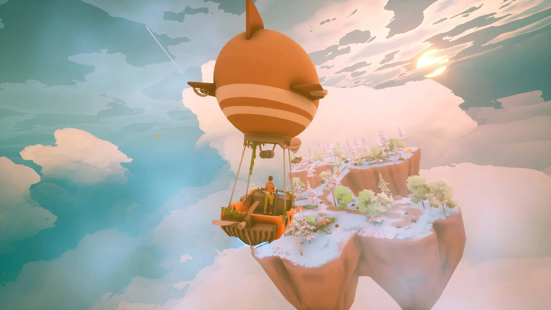 Solarpunk player piloting an airship toward a lush island floating in the sky