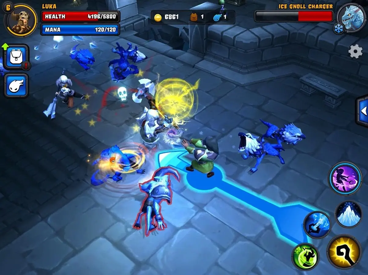Spirit Lords hero battling ice creatures inside a stone dungeon