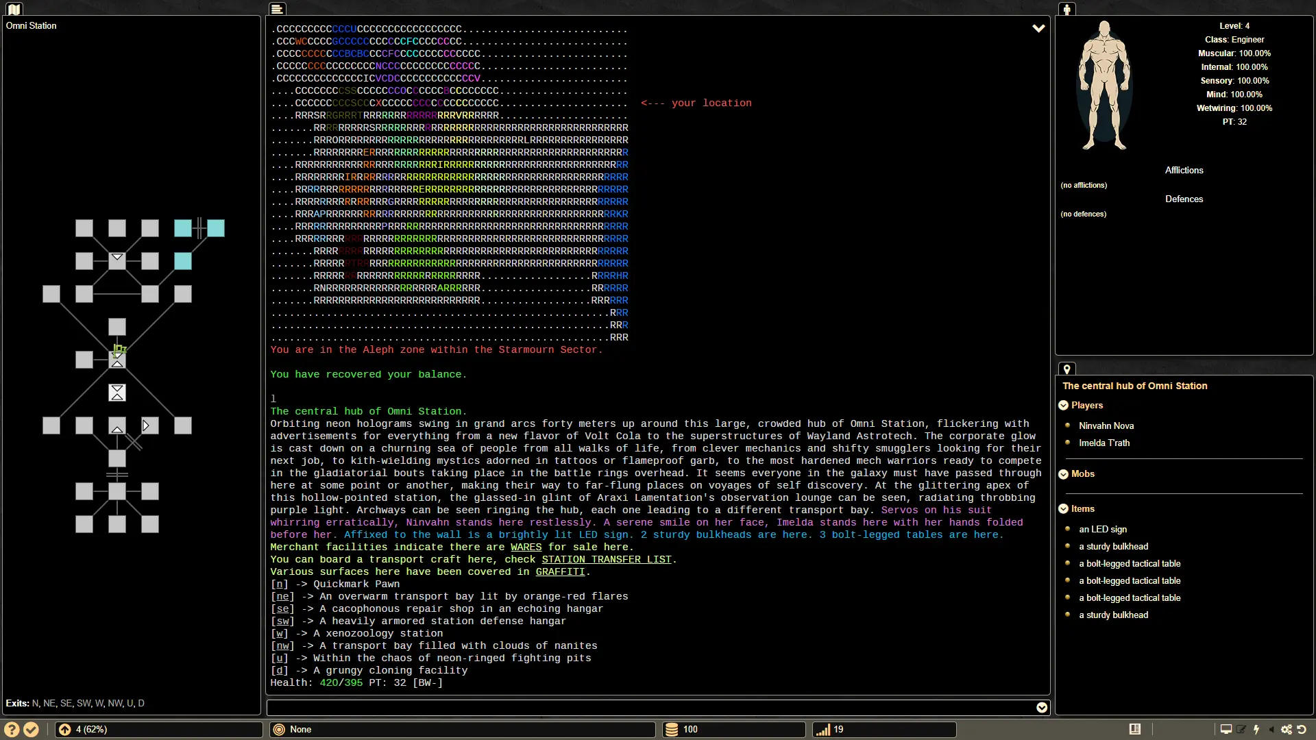 Starmourn Omni Station text interface with ASCII map and character information