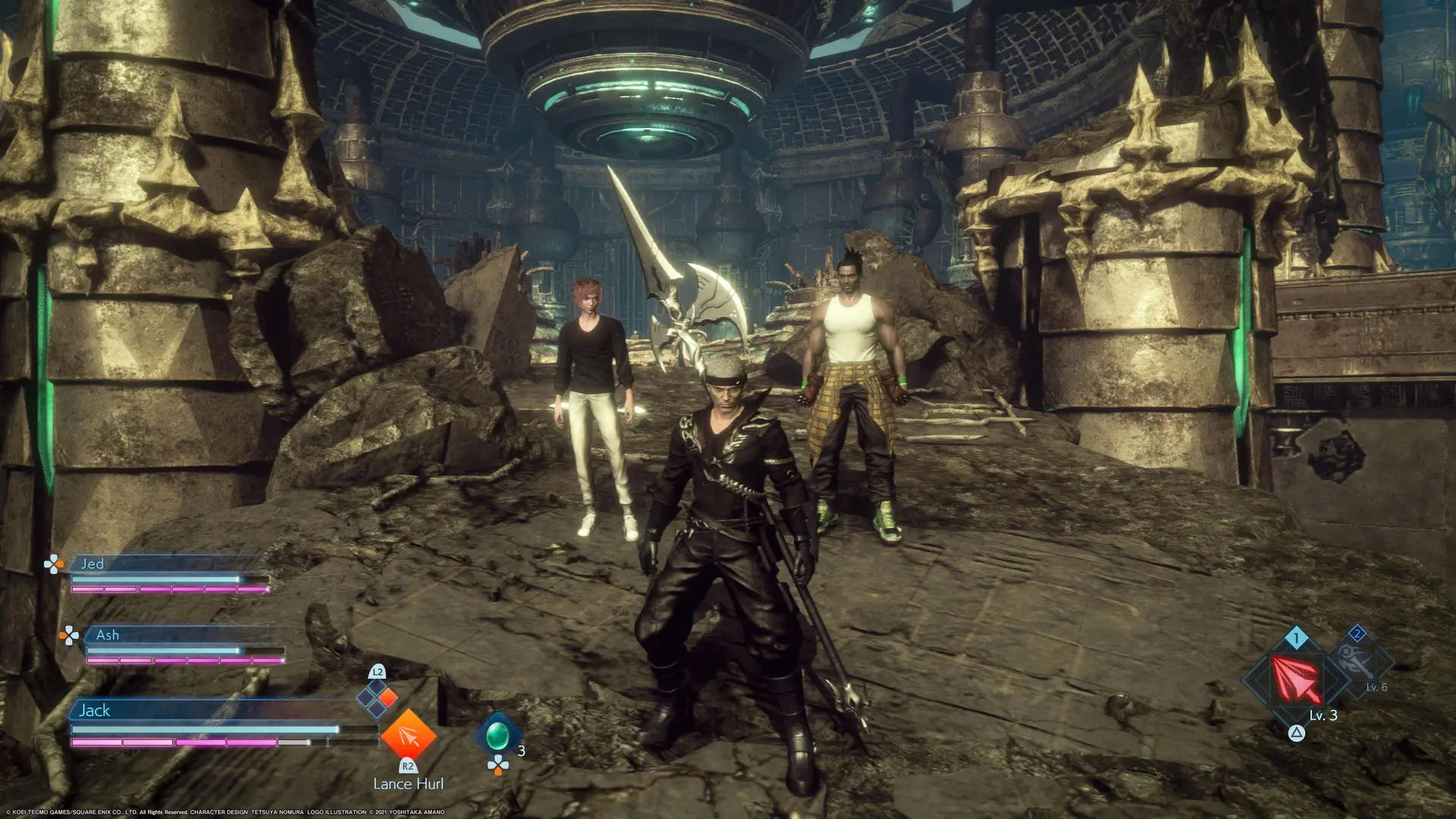 Stranger of Paradise party preparing for combat in a ruined mechanical chamber