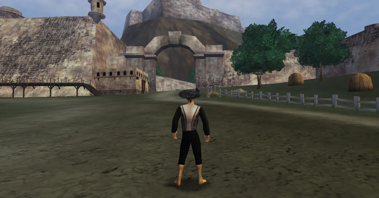 The Legend of Pirates Online character exploring a Caribbean harbor settlement with docks and stone buildings